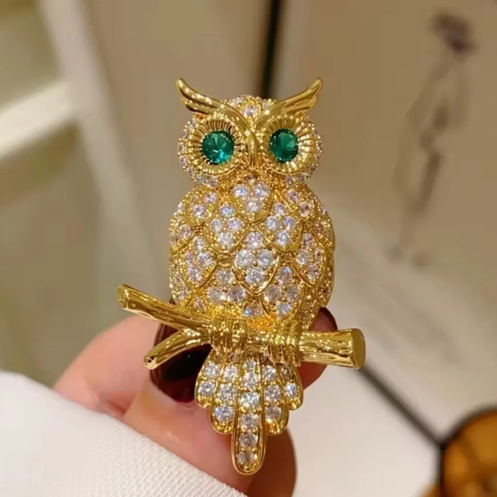 Golden Owl Crystal Emerald Eyes Brooch